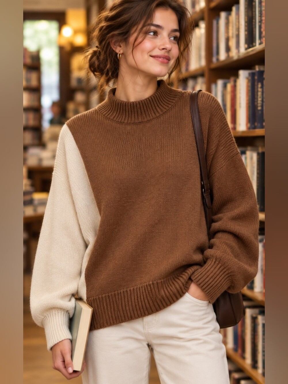 Women’s Large Oversized Brown & Cream Colorblock Sweater, Cozy Wool Blend
